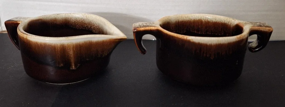 Vtg Pfaltzgraff USA Gourmet Brown Drip Creamer, Uncovered Sugar Bowl Open Handle